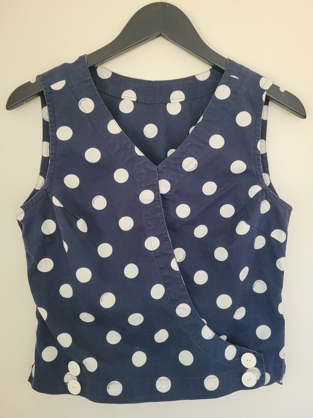 Vintage Tommy Hilfiger Navy Polka Dot Wrap Top Sleeveless Blouse